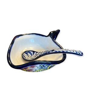 Mexican Talavera Pottery Hand Painted Condiment Bowl & Spoon - Serving Dish Set